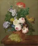 Johann Baptist Drechsler, FLOWER AND GRAPES ON A TABLE, Oil on panel (parquetted)