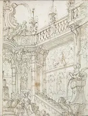 VIEW OF STAIRS IN A CASTLE by attributed to Giuseppe Galli Bibiena, Pen and brown ink, was, sold Nov 2009