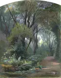Jean-Achille Benouville, IM PARK DER VILLA CHIGI BEI ARICCIA, Gouache auf Pappe montiert