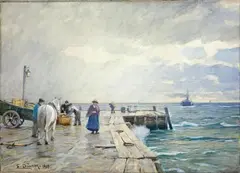 Eugen Dücker, AT THE PIER AT THE BALTIC SEA, Watercolour