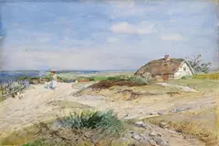 Hugo Mühlig, WIDE SPRING LANDSCAPE WITH FARMSTEAD, Watercolour and on papar, mounted on cardboard