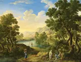 German School early 19th century, LANDSCAPE WITH WANDERERS AND A YOUNG ANGLER, Oil on canvas (relined)