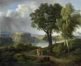 ARCADIAN LANDSCAPE WITH AN APPROACHING THUNDERSTORM ARCADIAN LANDSCAPE WITH CASTLE, RUIN AND BRIDGES by Johann Nepomuk Schödlberger, Oil on canvas (relined), sold Nov 2009