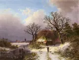 Johann Bernhard Klombeck, WINTER LANDSCAPE WITH BRUSHWOOD COLLECTORS AND SKATERS, Oil on panel