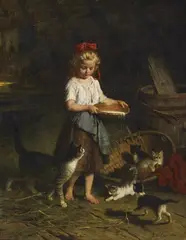 Rudolf Epp, GIRL FEEDING HER CATS, Oil on canvas