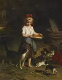 Rudolf Epp, GIRL FEEDING HER CATS, Oil on canvas
