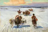 Franz Alekseyevich Roubaud, CIRCASSIAN RIDERS AND HORSE-CARTS IN A WINTER LANDSCAPE, Oil on canvas