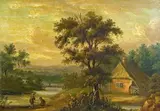Antwerp School, late 18th century, RIVER LANDSCAPE WITH FARMSTEAD, Oil on copper