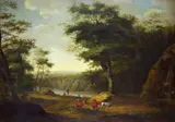 German School 18th century, WOODED RIVER LANDSCAPE WITH FISHERMEN AND SHEPHERDS