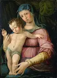Italian School 16th century, THE VIRGIN WITH CHILD, Oil on panel (parquetted)