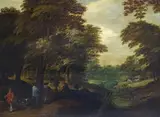 attributed to Jan Gerritsz. Stockman, WOODED LANDSCAPE WITH FIGURES AND ANIMALS, Oil on panel (parquetted)
