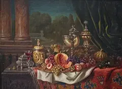 STILL LIFE WITH LANDSCAPE by Ernst Czernotzky, Oil on panel, sold Oct 2009