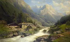 Joseph Jansen, MOUNTAIN LANDSCAPE WITH SAWMILL, Oil on canvas, mounted on wood