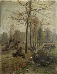 Hugo Mühlig, THE GRAFENBERGER ALLEE WITH FLOCK OF SHEEP AND RACK WAGON, Oil on panel