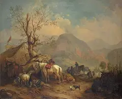 Schelfer, MOUNTAIN LANDSCAPE WITH RESTING TRAVELLERS, Oil on canvas