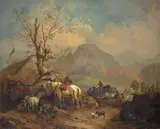 Schelfer, MOUNTAIN LANDSCAPE WITH RESTING TRAVELLERS, Oil on canvas