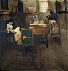 INTERIOR WITH FAMILY AND MAIDSERVANT by Wilhelm Schreuer, Mixed media on cardboard, framed under glass, sold Oct 2009