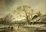Adolf Stademann, WINTER LANDSCAPE WITH SKATERS ON A FROZEN RIVER, Oil on panel