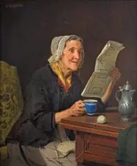 August Friedrich Siegert, OLD WOMAN WITH NEWSPAPER AND COFFEE CUP, Oil on canvas