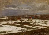 Paul Baum, Landschaft in letztem Schnee bei Weimar, mit einem Dorf in einer Talsenke (Landscape with last snow near Weimar, with a village in a valley), Oil on cardboard