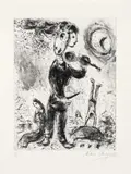 Marc Chagall, Violoniste amoureux, Original etching on handmade paper (watermark "De Haesbeek" with erect hare in crowned circle)