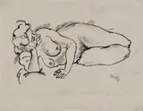 Reclining Nude, her Head supported with her right Hand by George Grosz, Pen and ink drawing, coloured with crayons, on ivory coloured machine made laid paper with water mark "ERGLAS SCHREIBMAS, sold May 2009