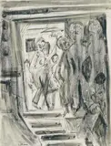 Interieur mit Besuchern (Interior with visitors. Staircase in Wildboden house) by Ernst Ludwig Kirchner, Crayon and ink brush drawing on white paper, sold May 2009