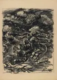 Ludwig Meidner, Zwei Ekstatiker in apokalyptischer Landschaft (Two men in ecstasies in apocalyptic landscape), Black oil stick drawing (