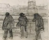 Paula Modersohn-Becker, Drei Männer am Seinekai, gegenüber das Institut de France Rückseitig: Karrengaul nach rechts (Three men at quai of the Seine, in front of he Institut de France. Verso: Draft horse to the right), Charcoal drawing on laid paper