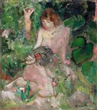 Oskar Moll, Akt mit Fächer im Grünen (Nude with a fan in nature), Oil on canvas