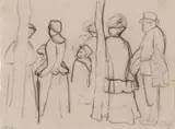 Paula Modersohn-Becker, Männer, Frauen und Kinder zwischen Bäumen. Rückseitig: Mann mit Kind auf dem Arm, weitere Kinder und ein Mann (Men, women and children among trees verso: Man carrying a child, more children and a man), Charcoal drawing on laid paper