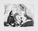 Pablo Picasso, Homme assis auprès d'une femme se coiffant, avec, derrière, deux peintres, Etching