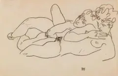 Egon Schiele, Zwei liegende Akte (Two Reclining Nudes), Charcoal drawing on plain light brown drawing paper