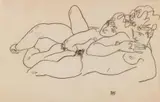 Egon Schiele, Zwei liegende Akte (Two Reclining Nudes), Charcoal drawing on plain light brown drawing paper