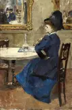 Lesser Ury, Dame im blauen Kleid im Café (Lady with Blue Dress in café), Oil on canvas