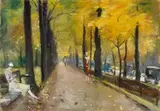 Lesser Ury, Herbstliche Allee im Tiergarten (Tiergarten Walkway in Autumn), Pastel on cardboard