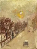 Lesser Ury, Seinequai im Nebel (Seine quay in the fog), Oil on canvas, mounted onto cardboard