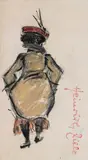 Dame im roten Federhut von hinten, den Mantel raffend (Lady in a red Feather Hat, grabbing her Coat) by Heinrich Zille, Colour oil crayons on simple, chamois-colored paper, sold May 2009