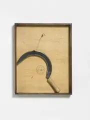 Sichel 2. Version (Sickle 2. Version) by Joseph Beuys, Sickle with magnetic clamp stamped "HAUPTSTROM" on wood board in object box, sold May 2009