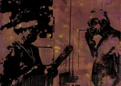 Walter Dahn, Reach out and boomerang someone ..., Acryl, spray paint and screenprint on canvas