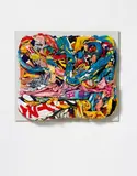 Gérard Deschamps, Crackers, Assemblage of different coloured cloth panels on with cotton wool upholstered element on chassis, mounted on with linen upholstered wood