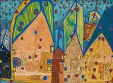 Häuser im Blutregen (HOUSES IN RAIN OF BLOOD) by Friedensreich Hundertwasser, Colour woodcut on paper, sold May 2009