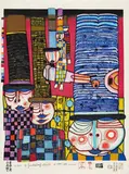 Die Hüte tragen die japanischen Kaiser (Tennos fly with hats) by Friedensreich Hundertwasser, Colour woodcut on Japan paper, sold May 2009
