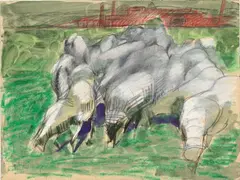 UNTITLED (DITHYRAMBIC) by Markus Lüpertz, Watercolour, opaque white, graphite, oil- and colour-crayon on brownish paper with perforated left margin, sold May 2009