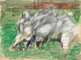 UNTITLED (DITHYRAMBIC) by Markus Lüpertz, Watercolour, opaque white, graphite, oil- and colour-crayon on brownish paper with perforated left margin, sold May 2009