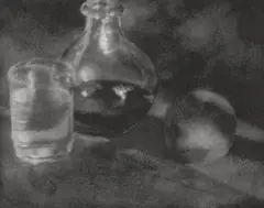 Heinrich Kühn, STILL LIFE WITH CARAFE, GLASS AND PEACH, Gum gravure on strong japanese paper