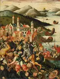 AMBUSH ON A MONASTRY by South German School, circa 1570 & 1580, Oil on panel (parquetted), sold May 2009