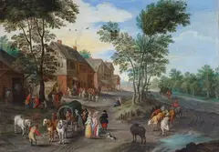 Pieter Gysels, VILLAGE LANDSCAPE WITH TRAVELLERS, Oil on panel