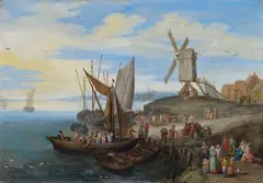 Pieter Gysels, HARBOUR SCENE WITH WIND MILL AND MERCHANTS, Oil on panel