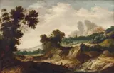 Herman Saftleven, MOUNTAIN LANDSCAPE WITH WATERFALL, Oil on panel